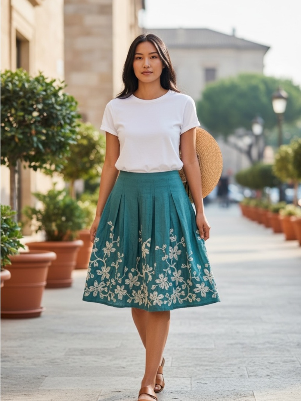 Talbots Teal Embroidered Pleated Linen Skirt SZ 10 NWT
